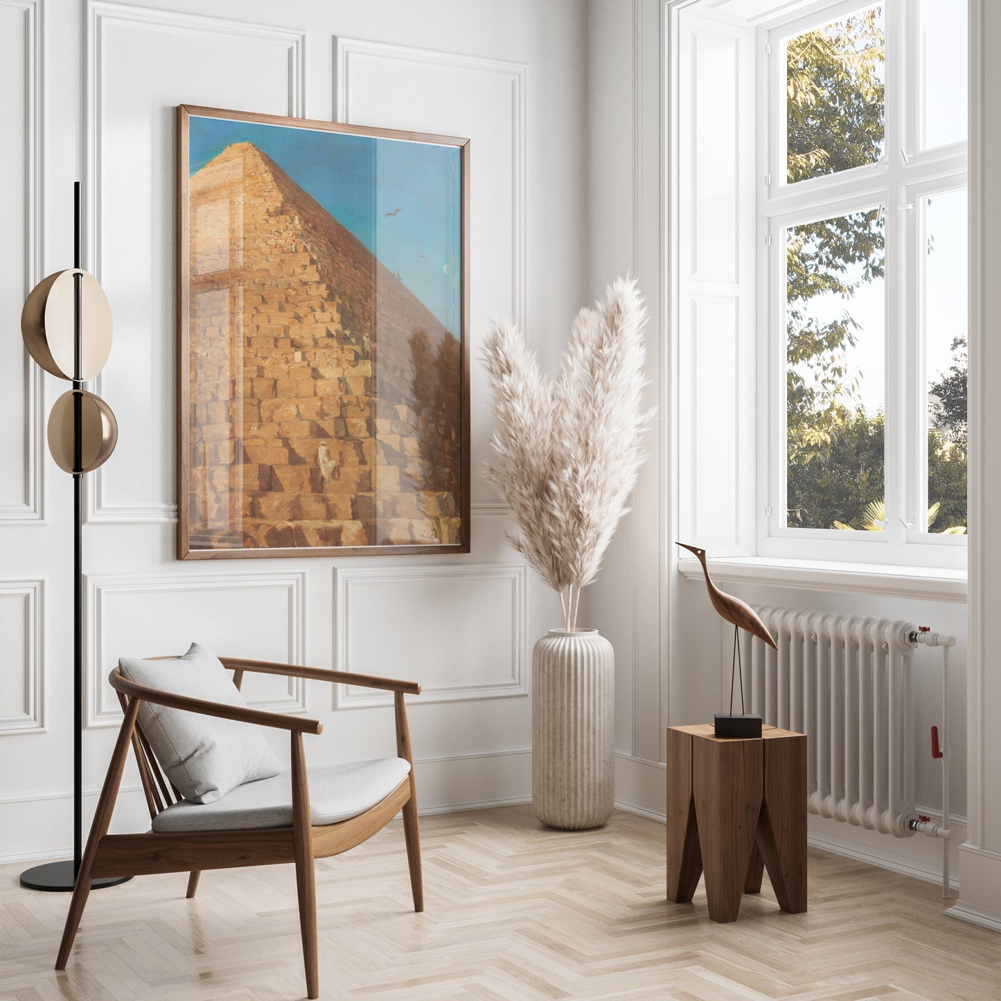 Premium Poster of Majestic Pyramid in Desert with Birds Flying Posters