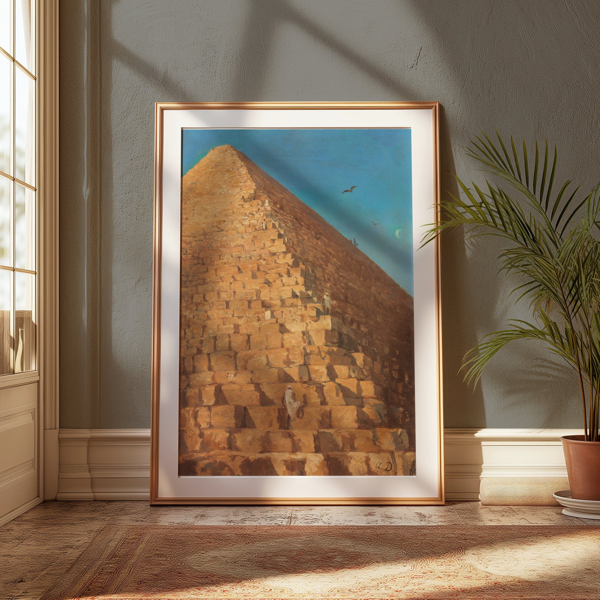 Premium Poster of Majestic Pyramid in Desert with Birds Flying Posters