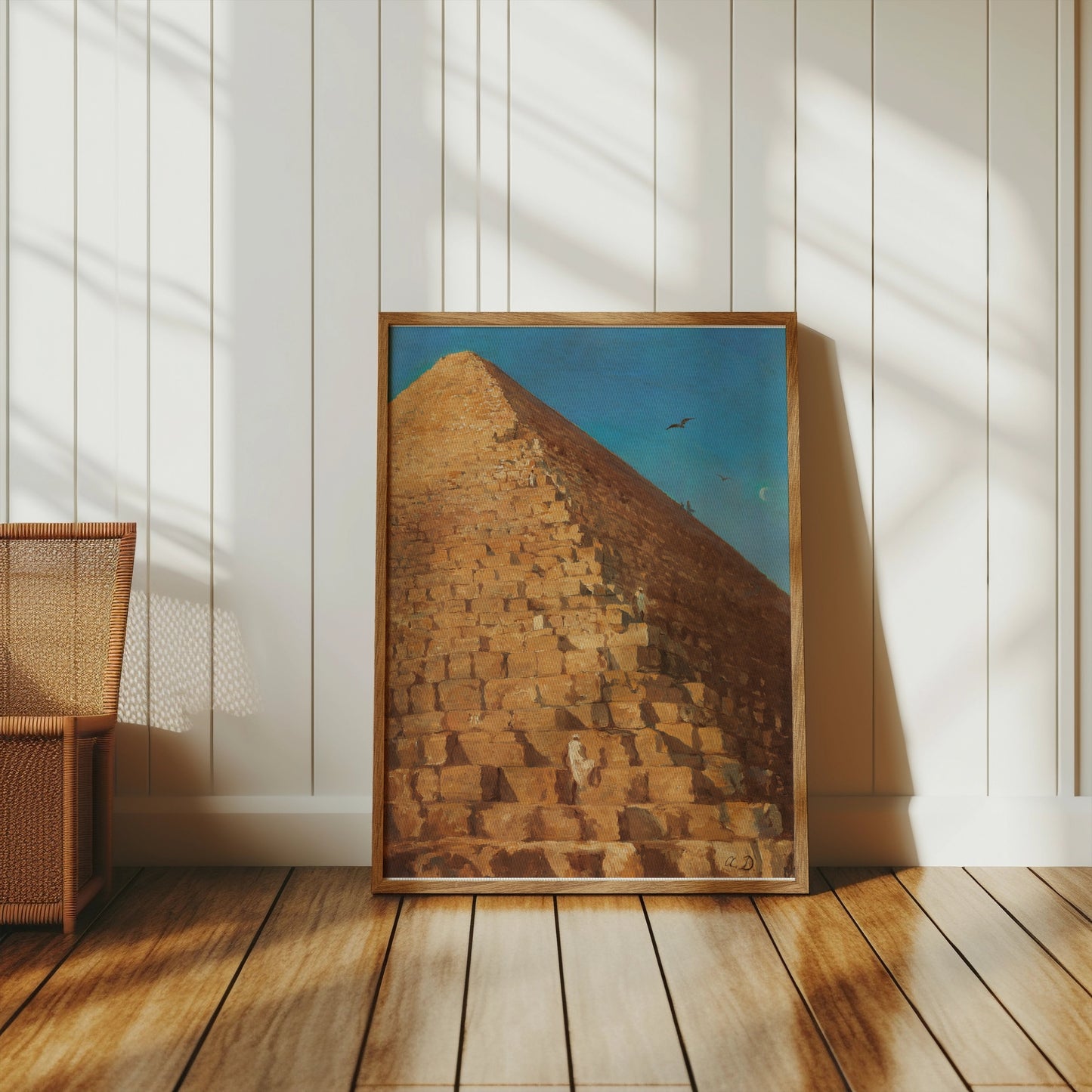 Premium Poster of Majestic Pyramid in Desert with Birds Flying Posters