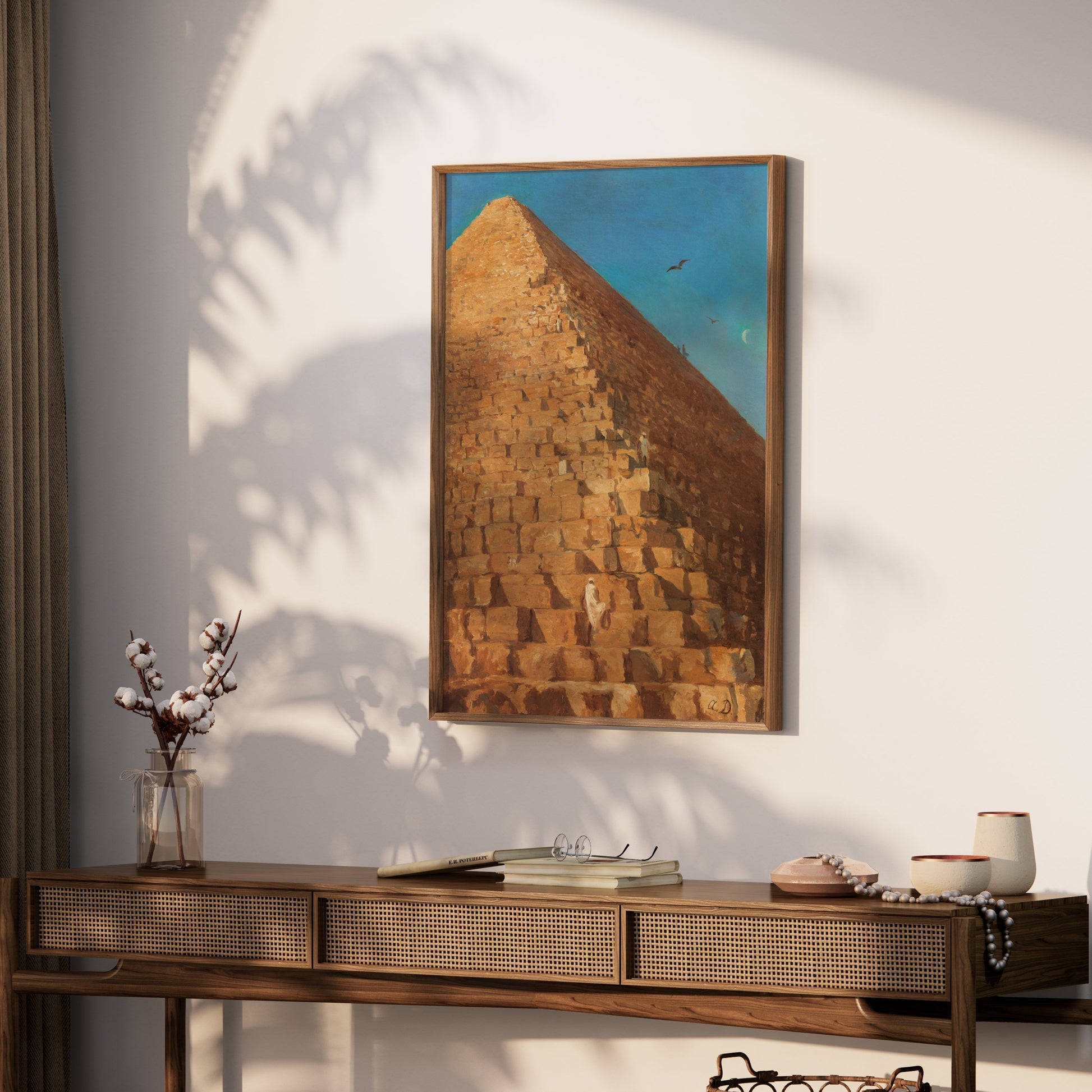 Premium Poster of Majestic Pyramid in Desert with Birds Flying Posters