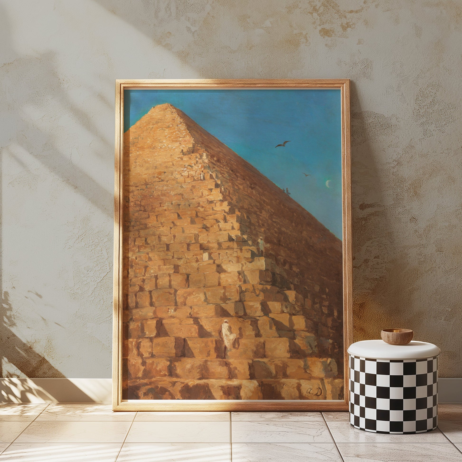 Premium Poster of Majestic Pyramid in Desert with Birds Flying Posters
