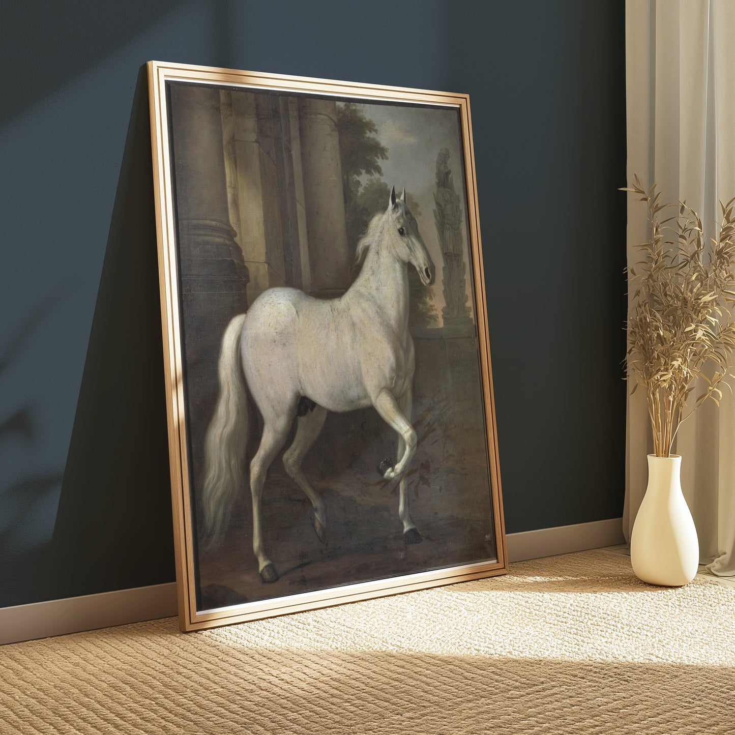Premium Poster of Majestic White Horse Next to Ancient Ruins Posters