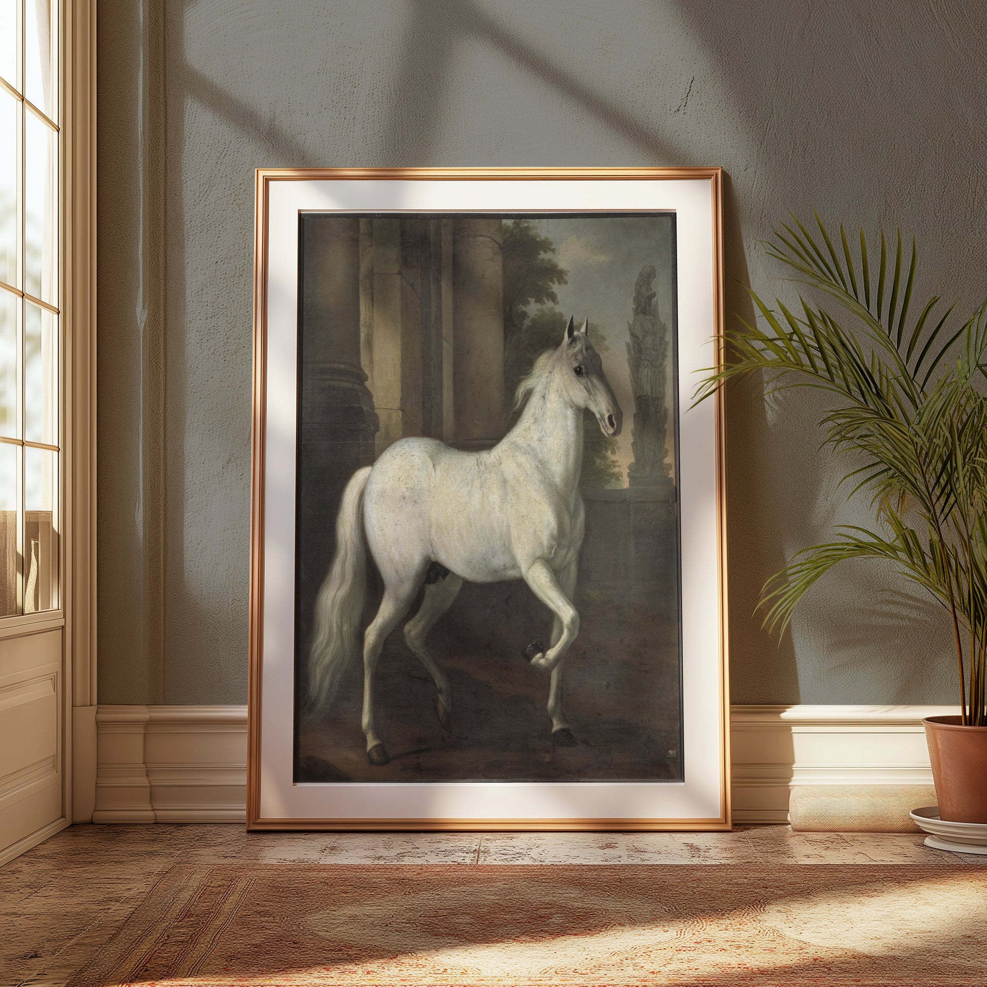 Premium Poster of Majestic White Horse Next to Ancient Ruins Posters