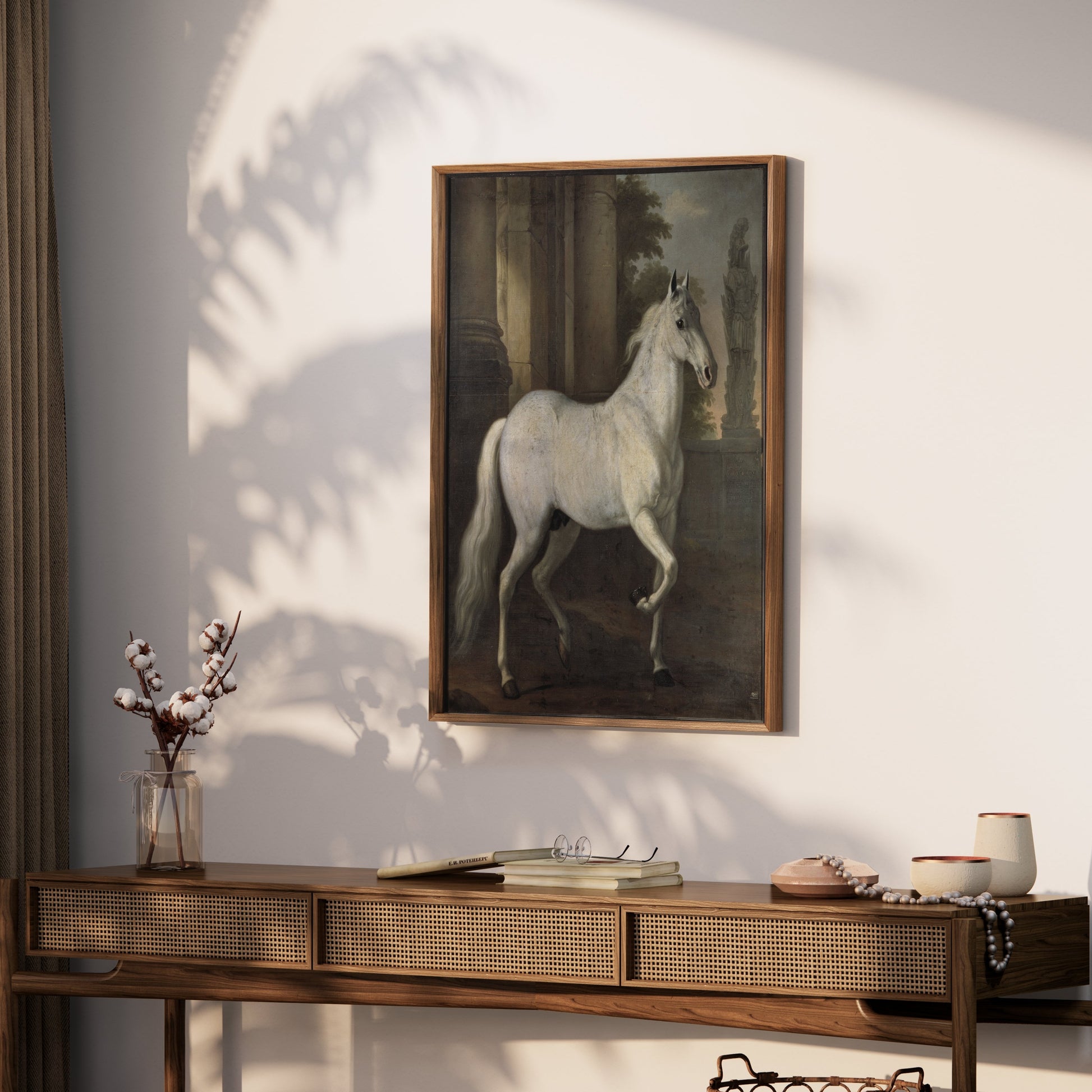 Premium Poster of Majestic White Horse Next to Ancient Ruins Posters