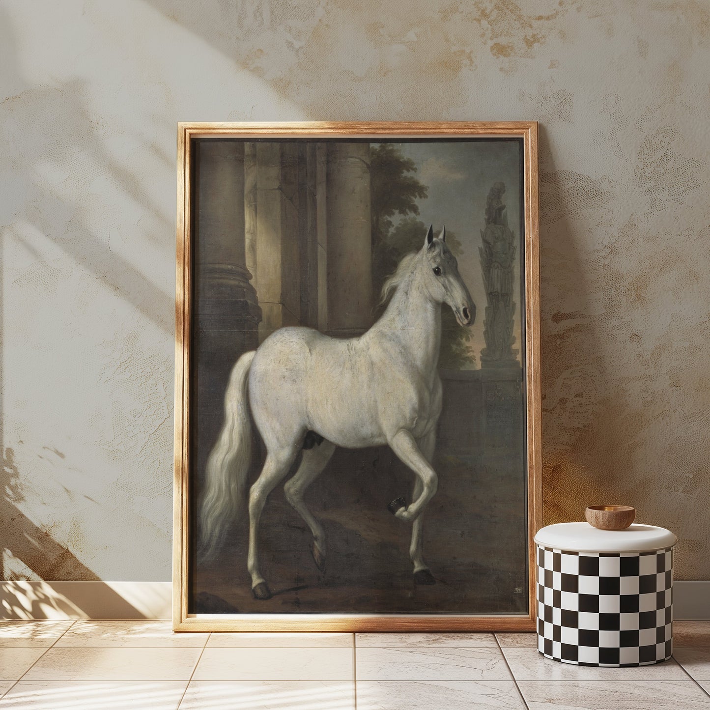 Premium Poster of Majestic White Horse Next to Ancient Ruins Posters