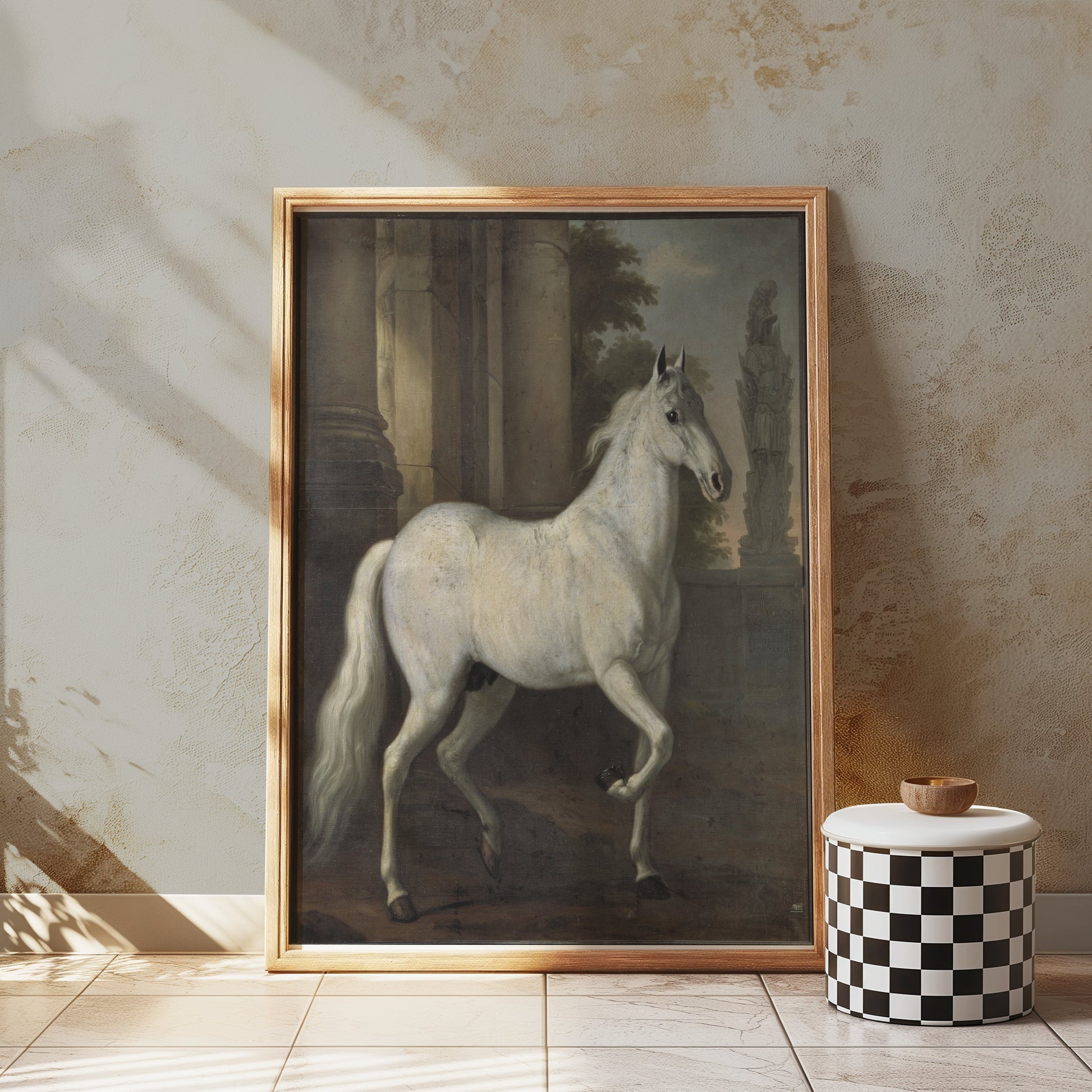 Premium Poster of Majestic White Horse Next to Ancient Ruins Posters