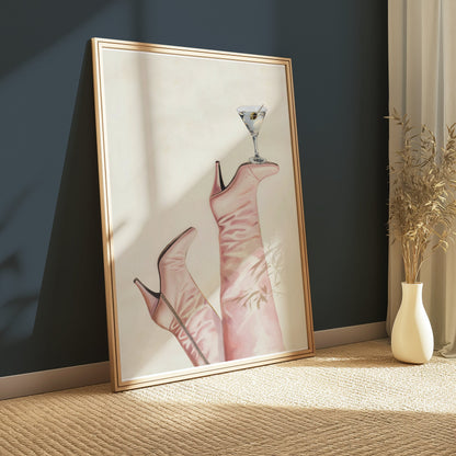 Premium Poster of Martini on Pink High Heel Boots Design Posters