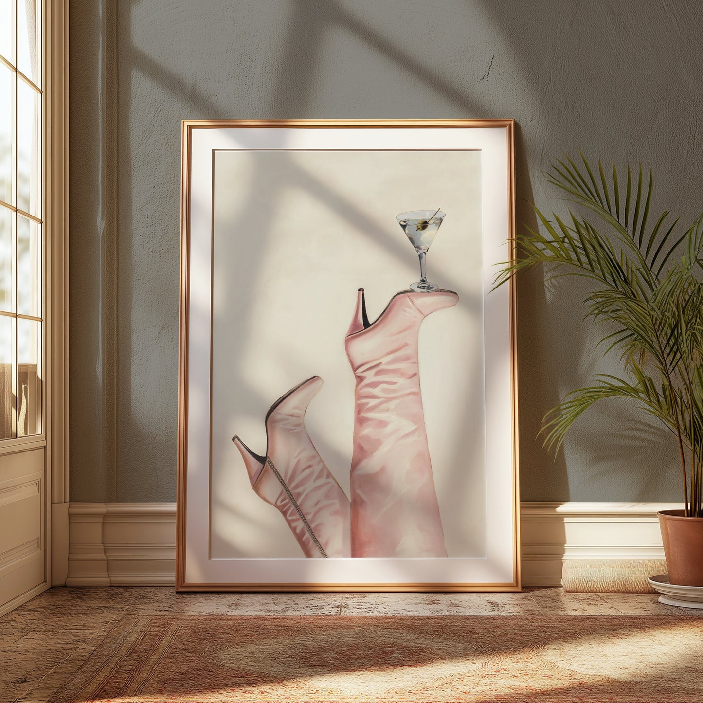 Premium Poster of Martini on Pink High Heel Boots Design Posters