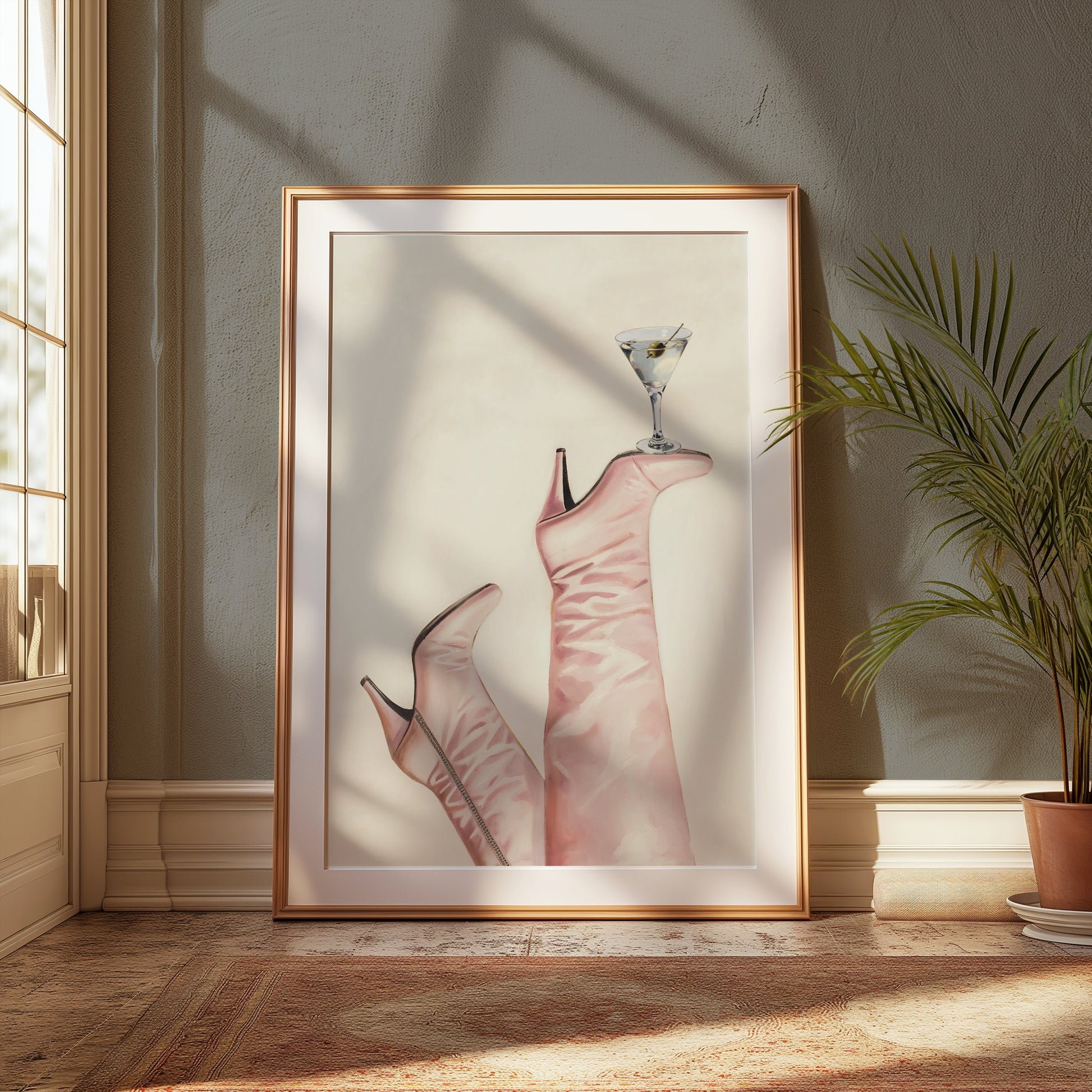Premium Poster of Martini on Pink High Heel Boots Design Posters