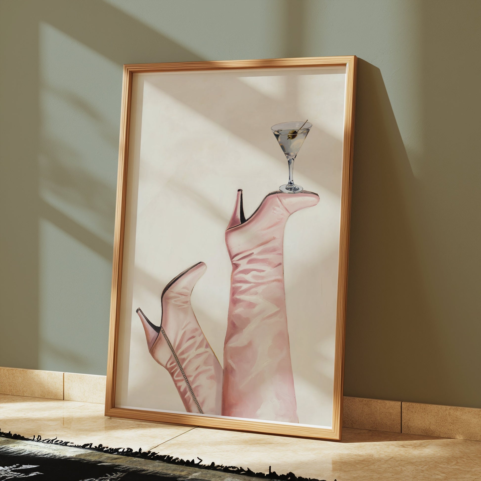 Premium Poster of Martini on Pink High Heel Boots Design Posters