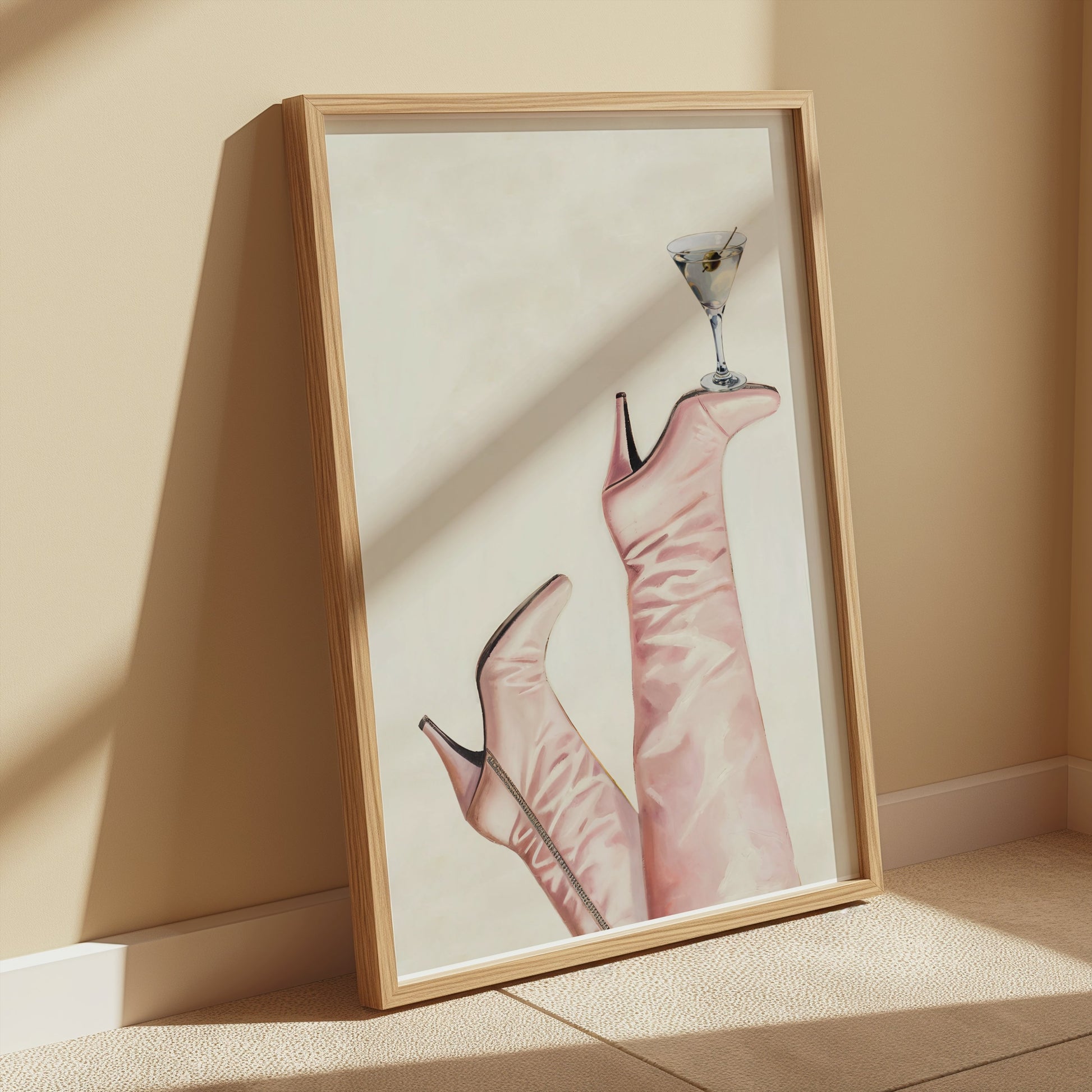 Premium Poster of Martini on Pink High Heel Boots Design Posters