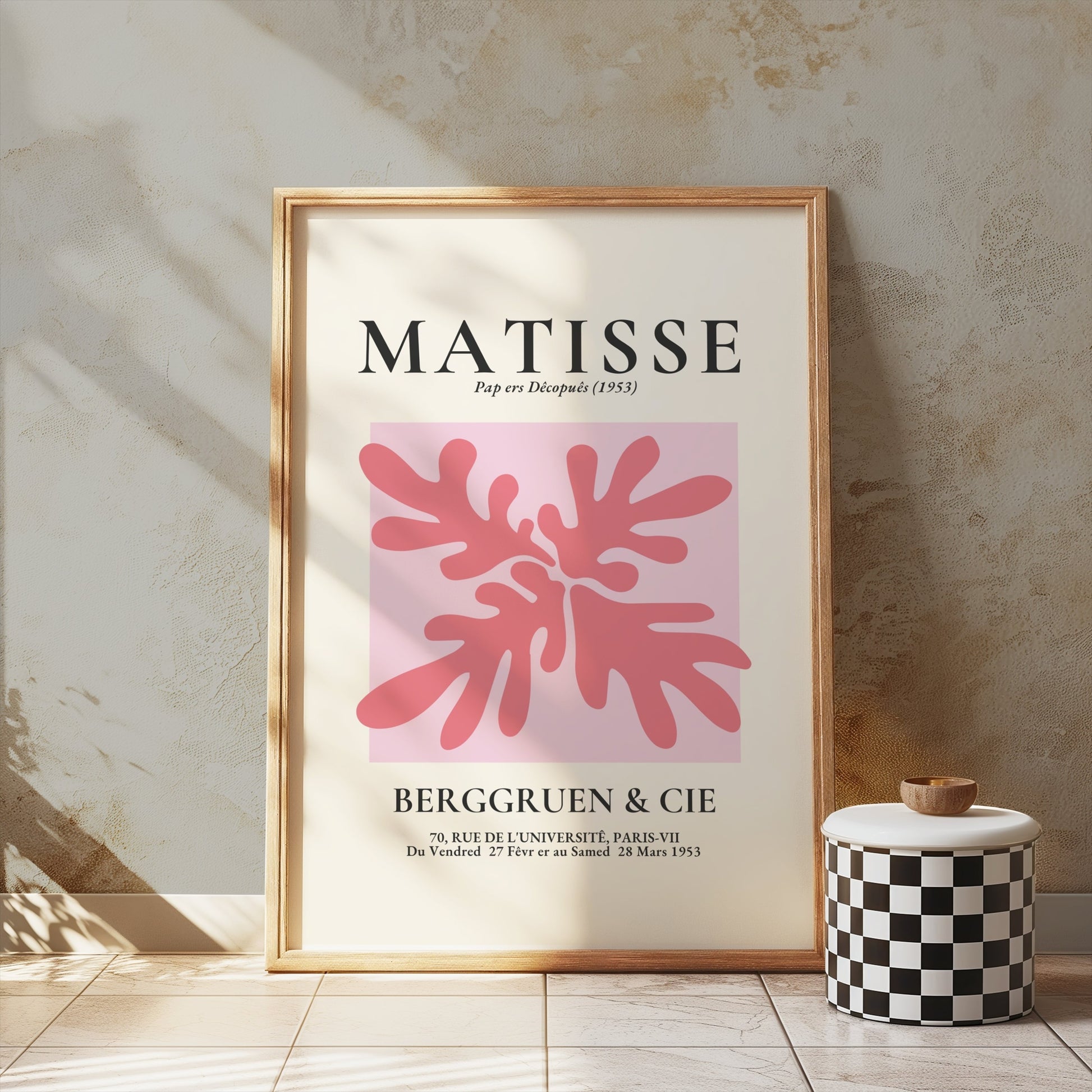 Matisse Art Exhibition Paris 1953 poster in a wooden frame, displayed against a textured wall with decorative accents.