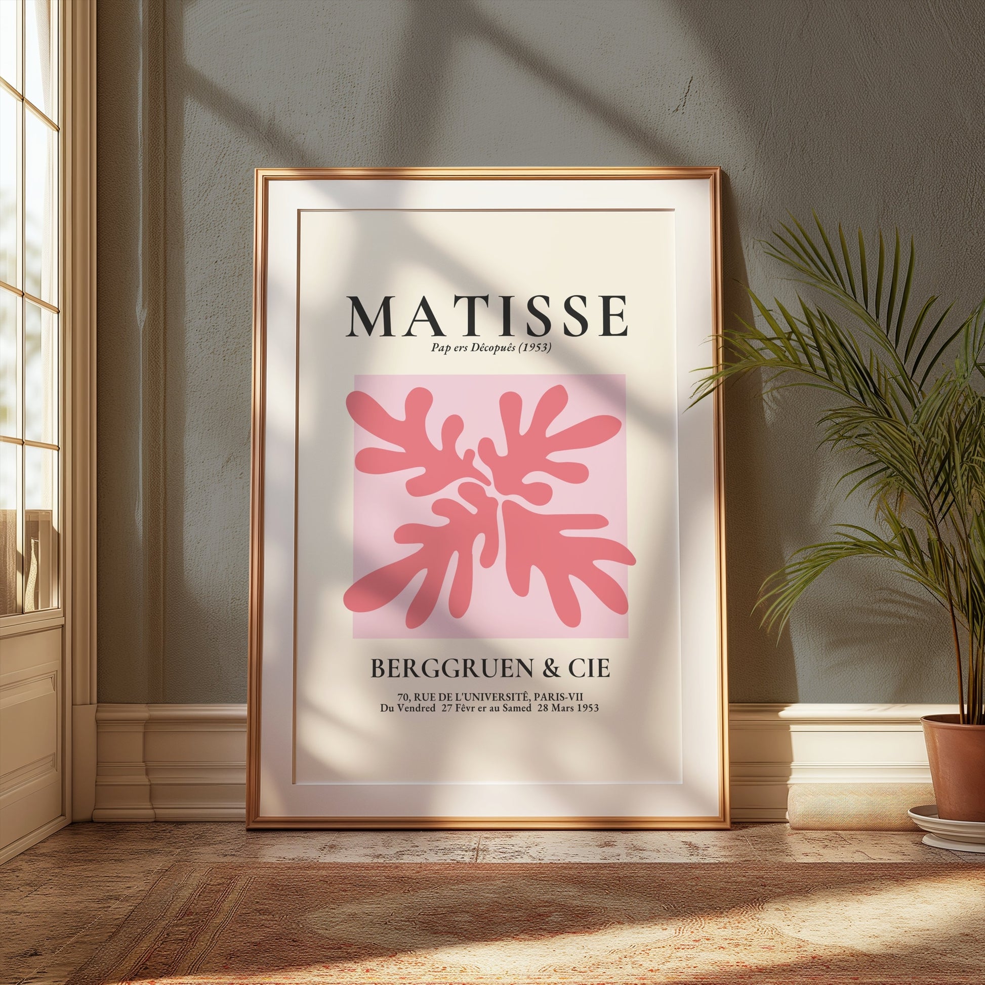 Matisse Art Exhibition Paris 1953 poster in a wooden frame, displayed in a cozy room with natural light and plants.