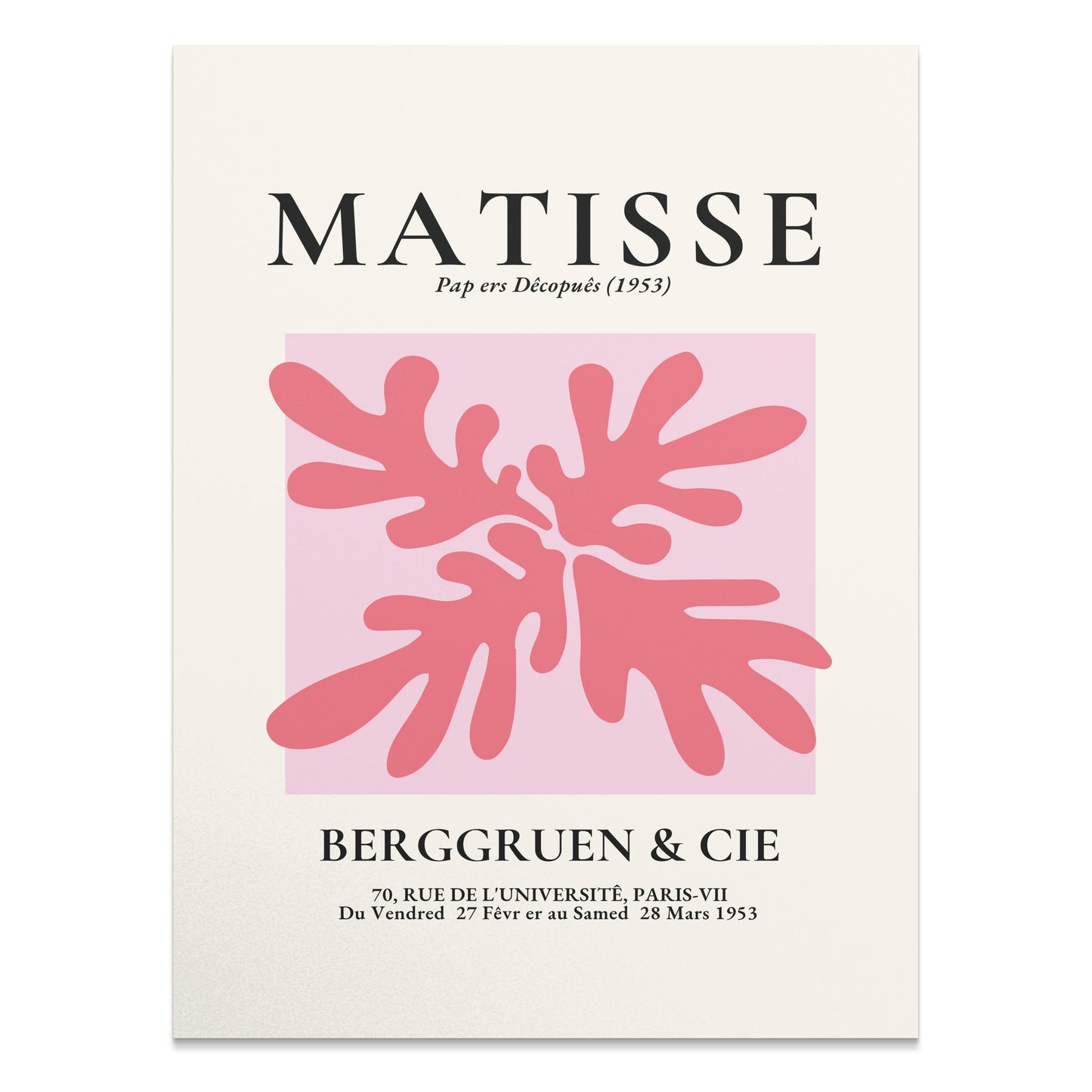 Matisse Art Exhibition Paris 1953 poster featuring abstract pink shapes on a light background with exhibition details.