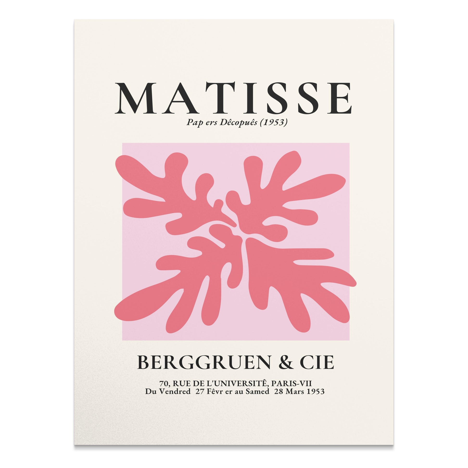 Matisse Art Exhibition Paris 1953 poster featuring abstract pink shapes on a light background with exhibition details.