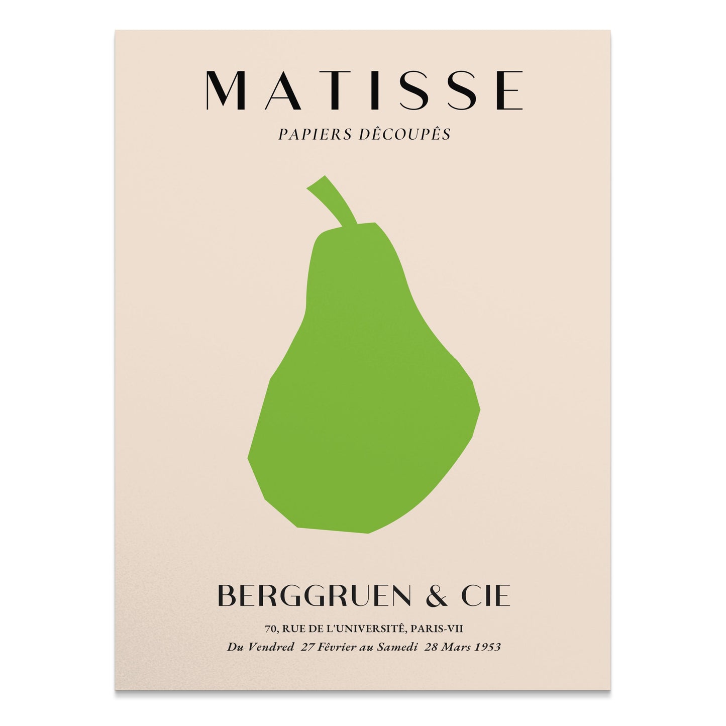 Matisse art print featuring a minimalist green pear cutout on a beige background with French text, ideal for modern wall decor.