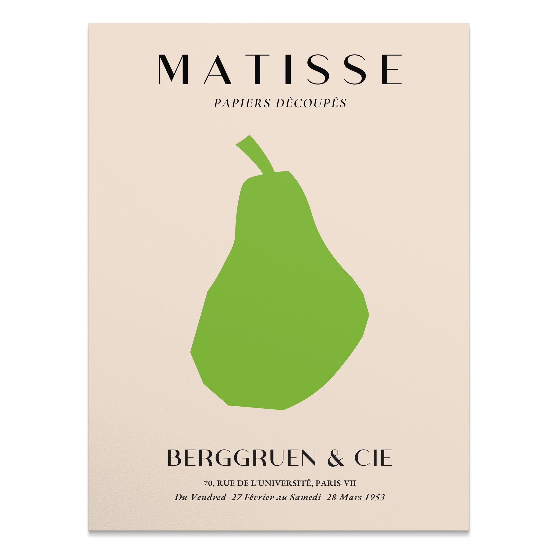 Matisse art print featuring a minimalist green pear cutout on a beige background with French text, ideal for modern wall decor.