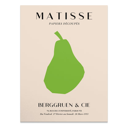 Matisse art print featuring a minimalist green pear cutout on a beige background with French text, ideal for modern wall decor.