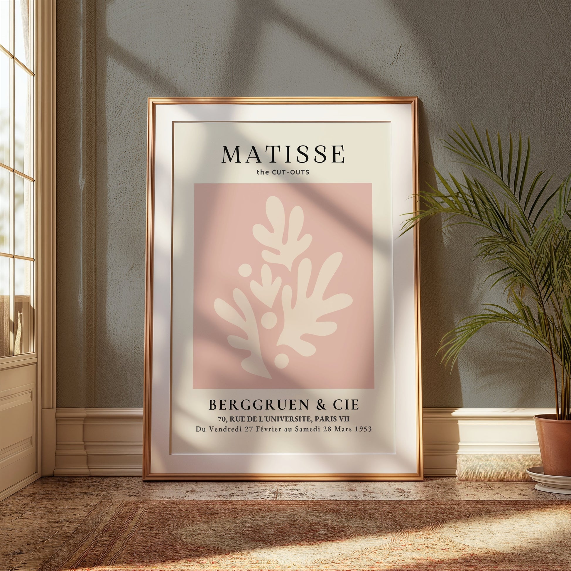Framed Matisse Cut-Outs Berggruen & Cie Paris VII poster displayed in a sunlit room with elegant decor and natural light.