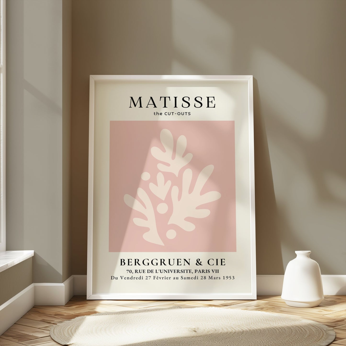 Matisse Cut-Outs Berggruen & Cie Paris VII poster in a white frame, styled in a modern room with neutral tones and natural light.