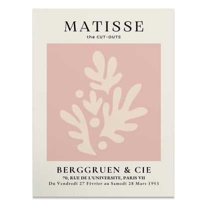 Matisse Cut-Outs Berggruen & Cie Paris VII poster featuring abstract leaf design in beige and pink tones with exhibition details.