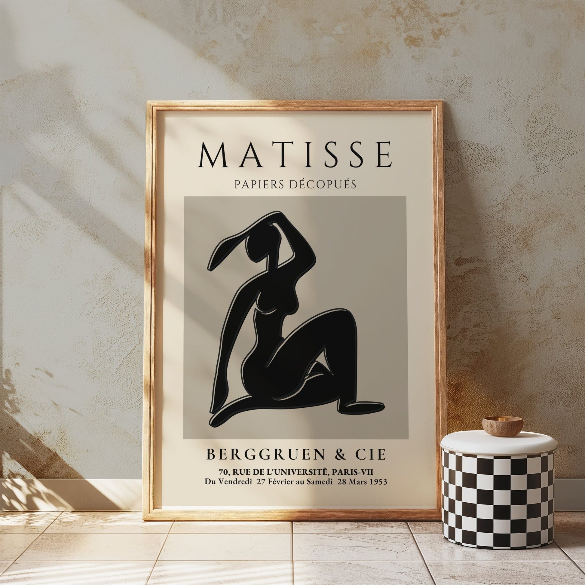 Matisse Exhibition Papiers Decoupés Berggruen Poster in a wooden frame, styled on a textured wall for vintage-inspired decor.