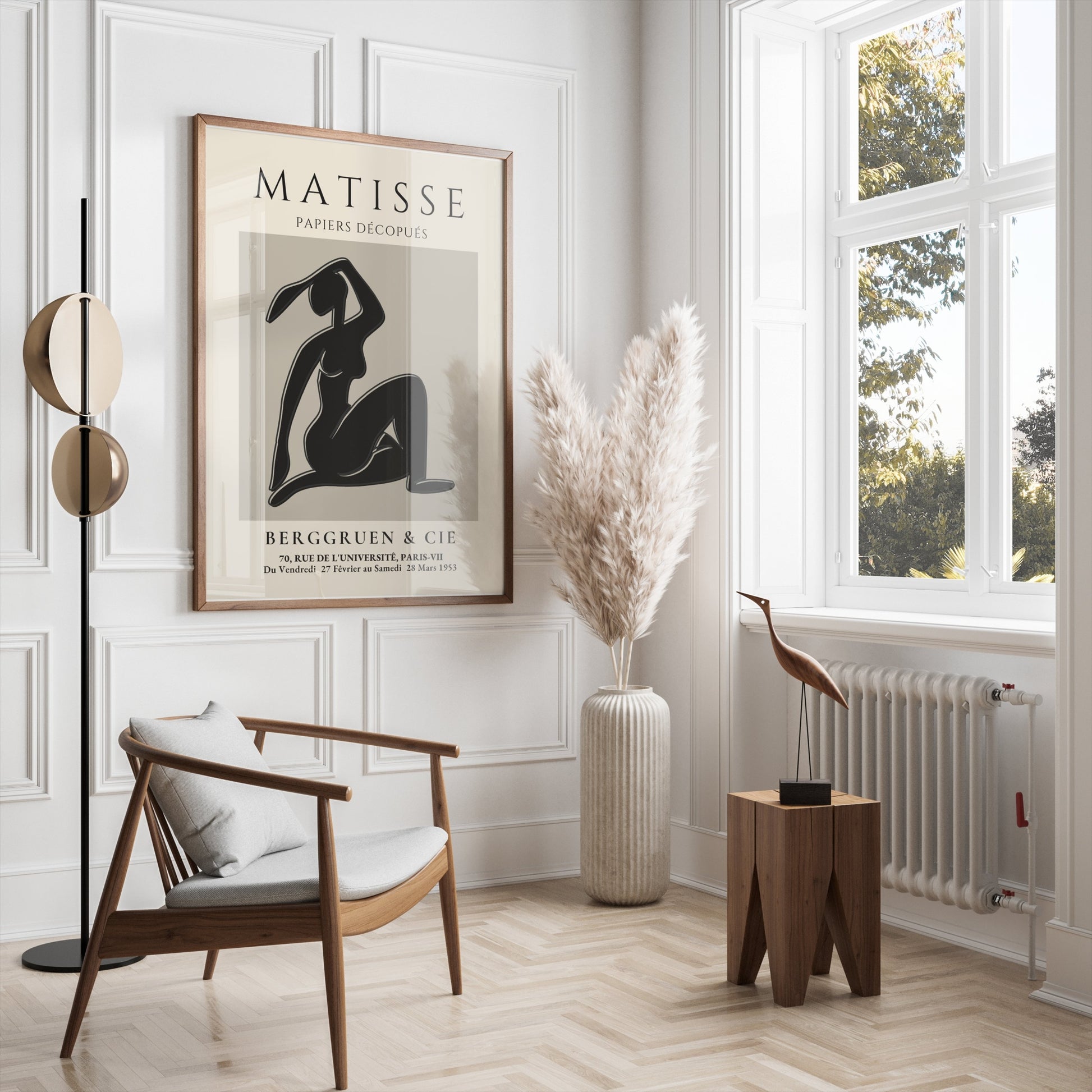 Matisse Exhibition Papiers Decoupés Berggruen Poster displayed in a bright, modern living room with minimalist furniture and decor.
