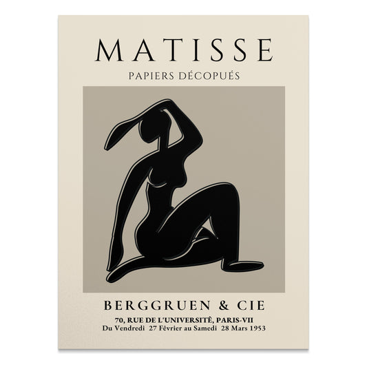 Matisse Exhibition Papiers Decoupés Berggruen Posters featuring a black abstract figure on a beige background, ideal for modern wall decor.