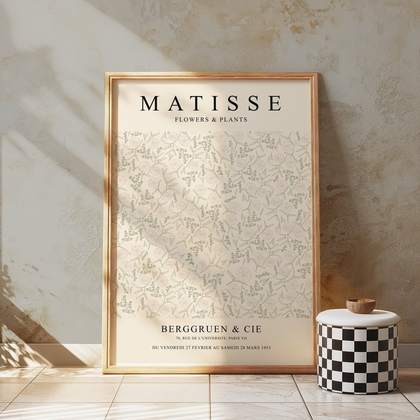 Matisse Flowers and Plants Berggruen and Cie poster in a wooden frame, styled in a rustic setting with natural light and decor accents.