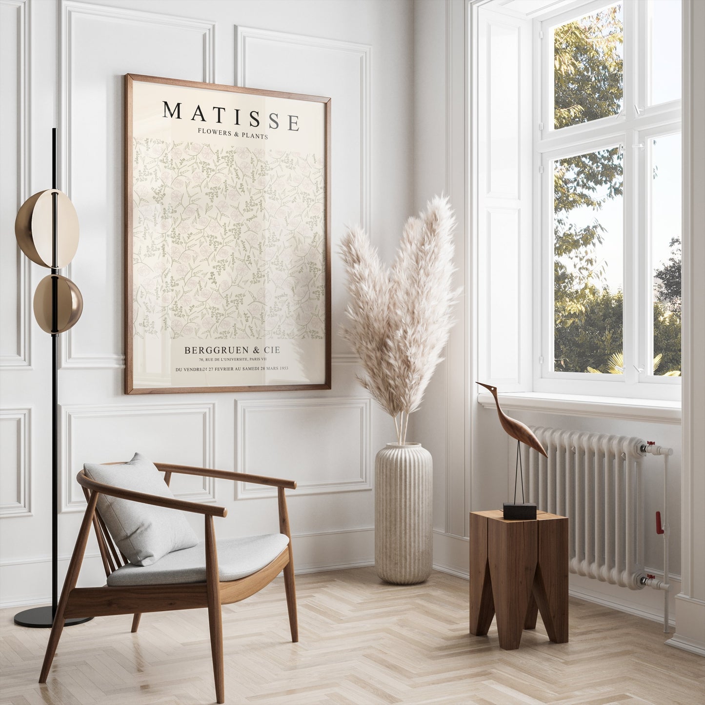 Matisse Flowers and Plants Berggruen and Cie poster displayed in a modern white interior with pampas grass and minimalist furniture.