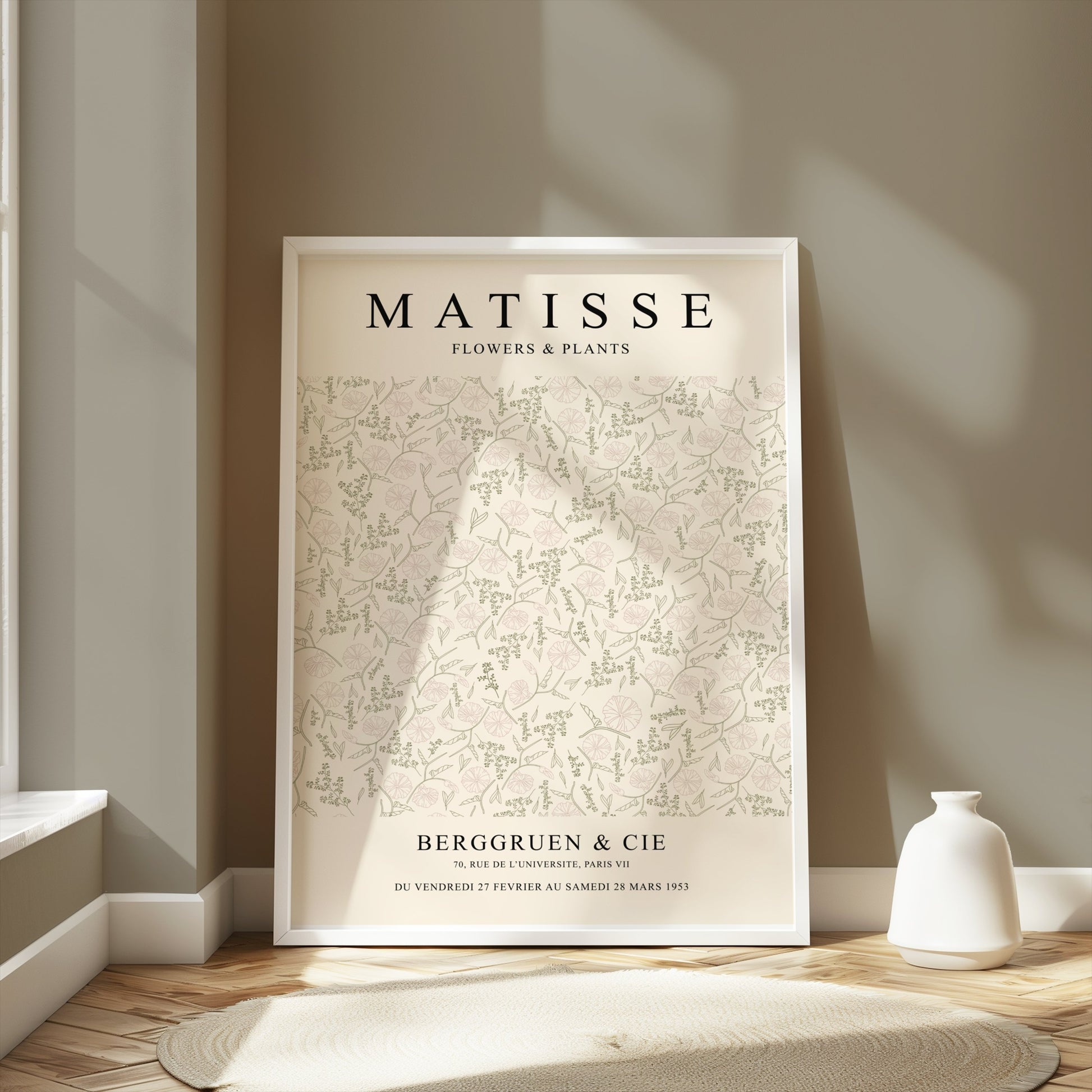 Matisse Flowers and Plants Berggruen and Cie poster in a white frame, styled in a modern room with neutral tones and natural light.