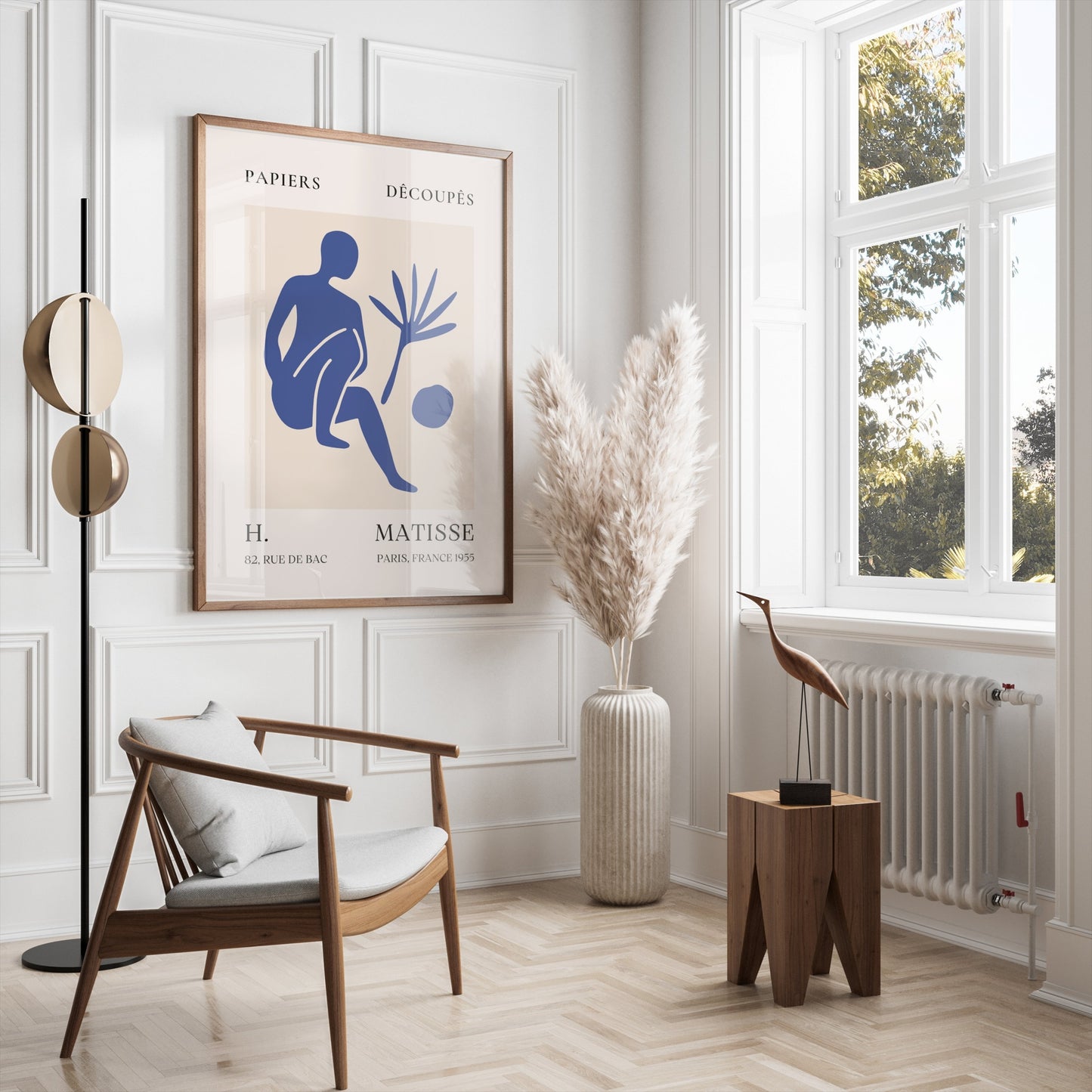 Matisse inspired modern art poster in a wooden frame, styled in a bright living room with pampas grass and mid-century furniture.