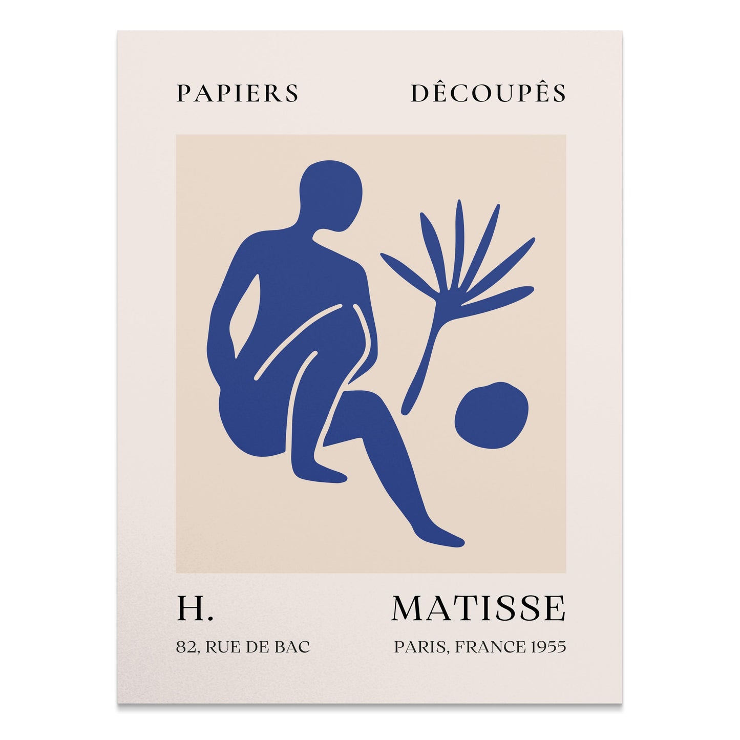 Matisse inspired modern art poster featuring a blue abstract figure with a palm leaf and ball, titled 'Papiers Découpés,' ideal for home decor.