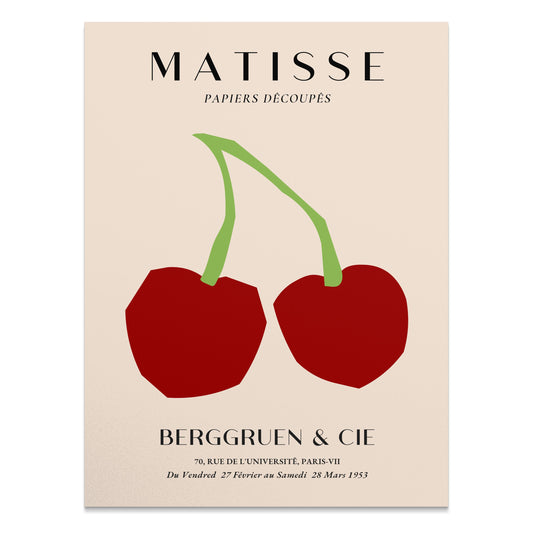 Matisse Papiers Découpés art print poster featuring minimalist red cherry cut-out design on beige background. Perfect for modern wall decor.
