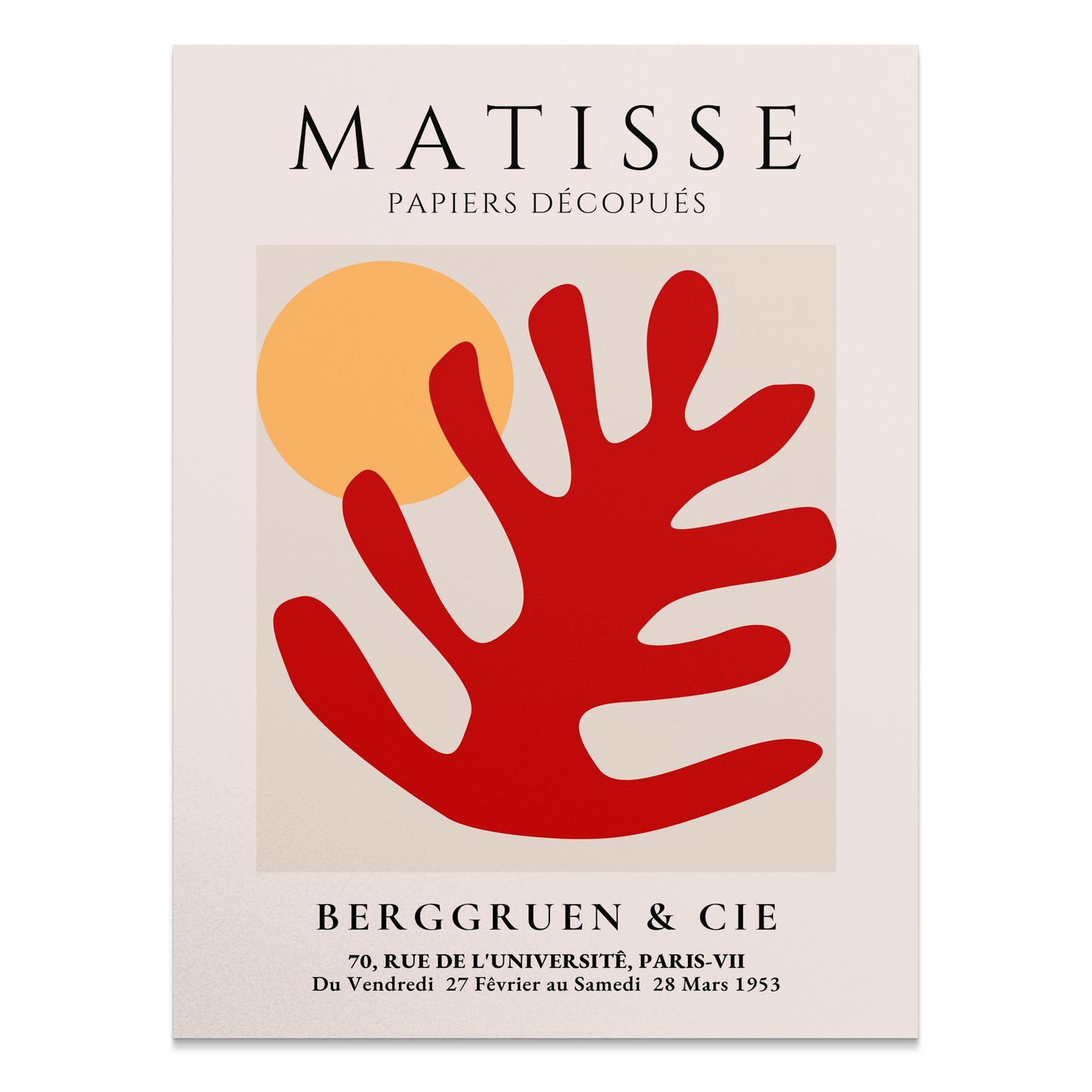 Matisse Art Poster featuring a vibrant red coral cut-out design with an orange sun on a beige background, titled 'Papiers Découpés' by Berggruen & Cie.