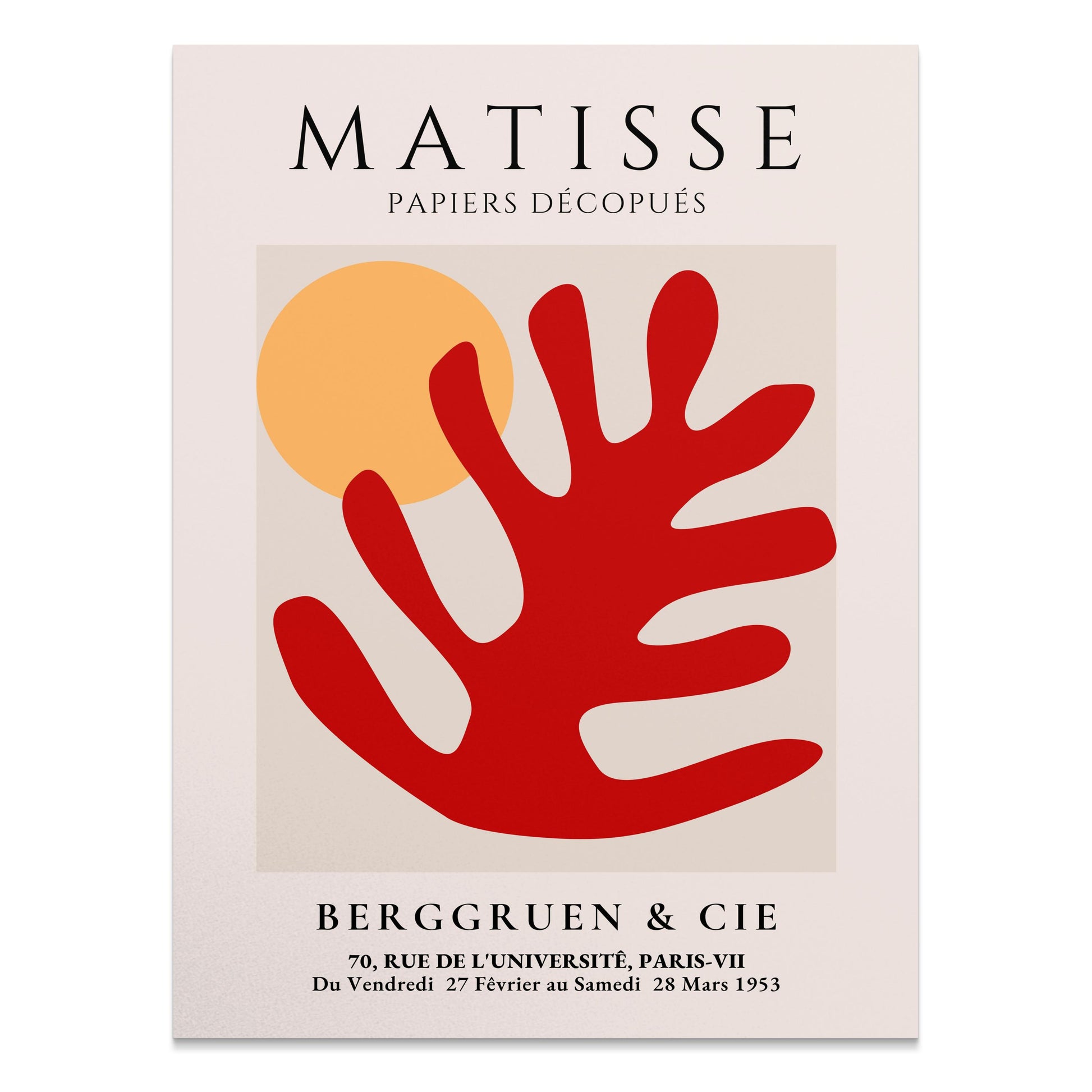 Matisse Art Poster featuring a vibrant red coral cut-out design with an orange sun on a beige background, titled 'Papiers Découpés' by Berggruen & Cie.