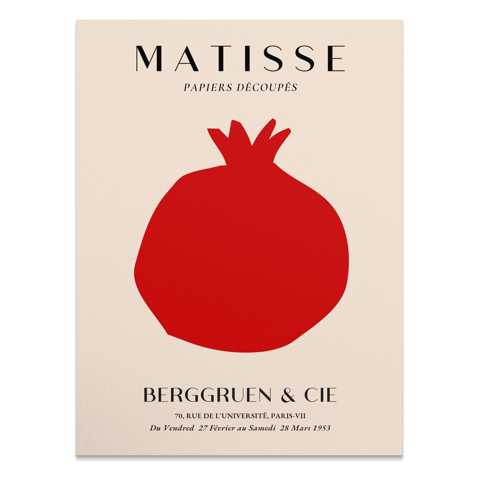 Matisse Papiers Decoupes Berggruen & Cie poster featuring a minimalist red pomegranate design on a beige background.