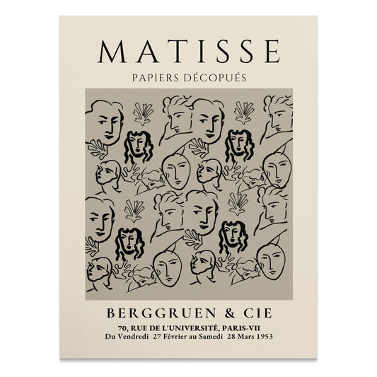 Matisse Papiers Découpés exhibition poster featuring abstract paper cutout designs in black on a beige background, ideal for wall art.