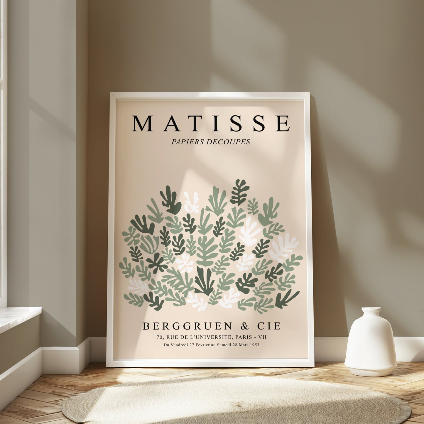 Matisse Papiers Decoupes poster in a white frame, styled in a modern room with soft natural light and minimalist decor elements.