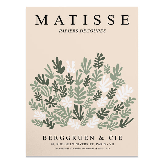 Matisse Papiers Decoupes poster featuring abstract green and white botanical cut paper art on a beige background with exhibition details.
