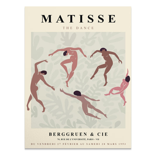 Matisse The Dance exhibition poster featuring nude dancing figures on a soft green background with Berggruen & Cie details.