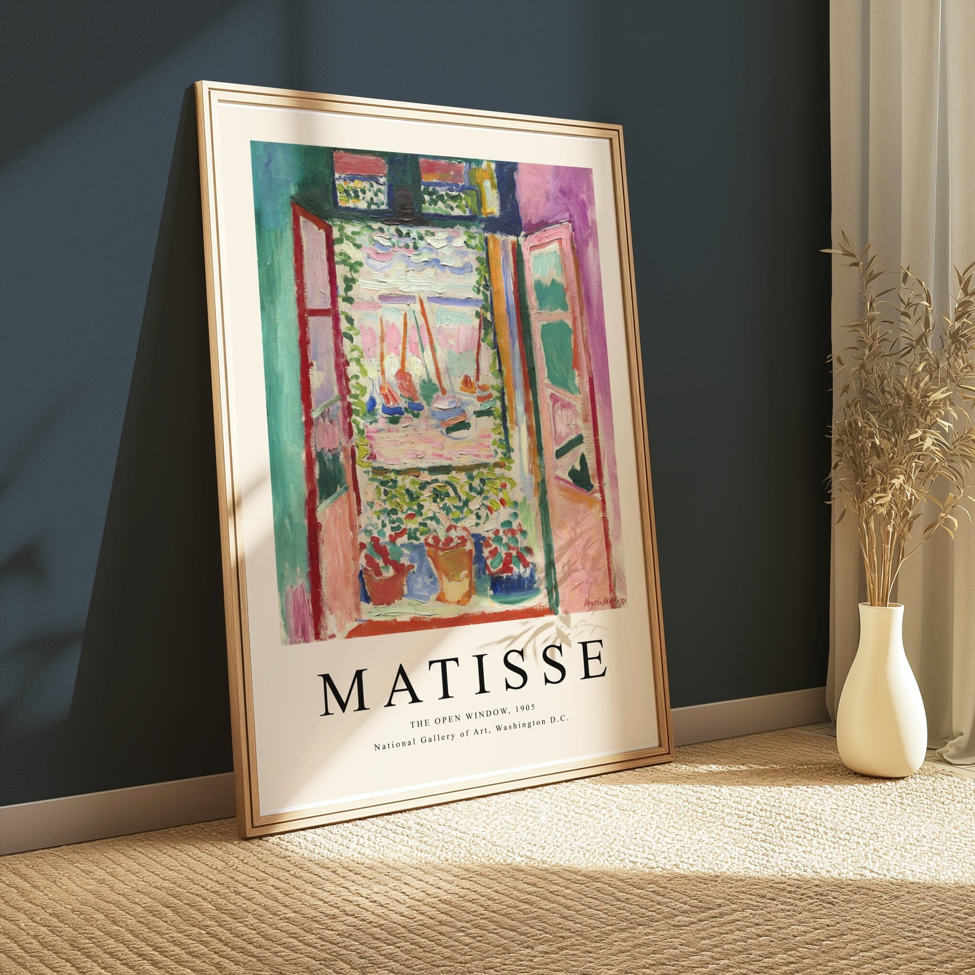 Matisse The Open Window 1905 poster in a gold frame, placed on a carpeted floor with minimalist decor and soft lighting.