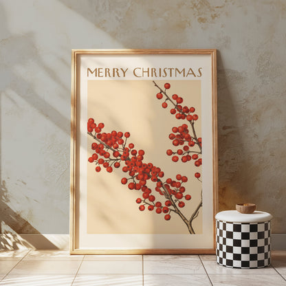 Premium Poster of Merry Christmas Red Berries Festive Art Print Posters