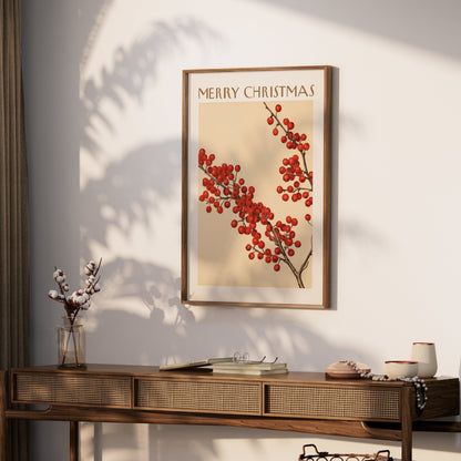 Premium Poster of Merry Christmas Red Berries Festive Art Print Posters