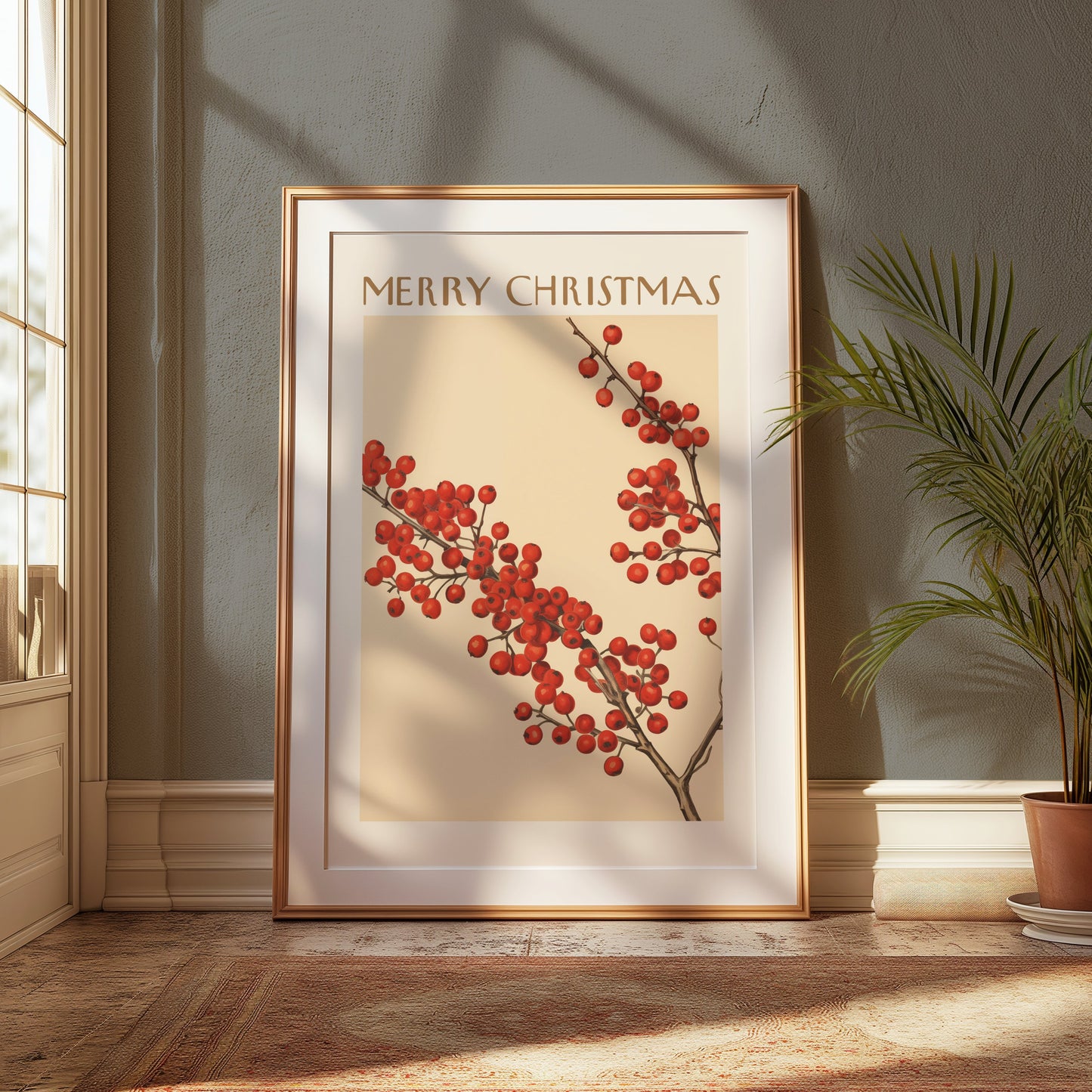Premium Poster of Merry Christmas Red Berries Festive Art Print Posters