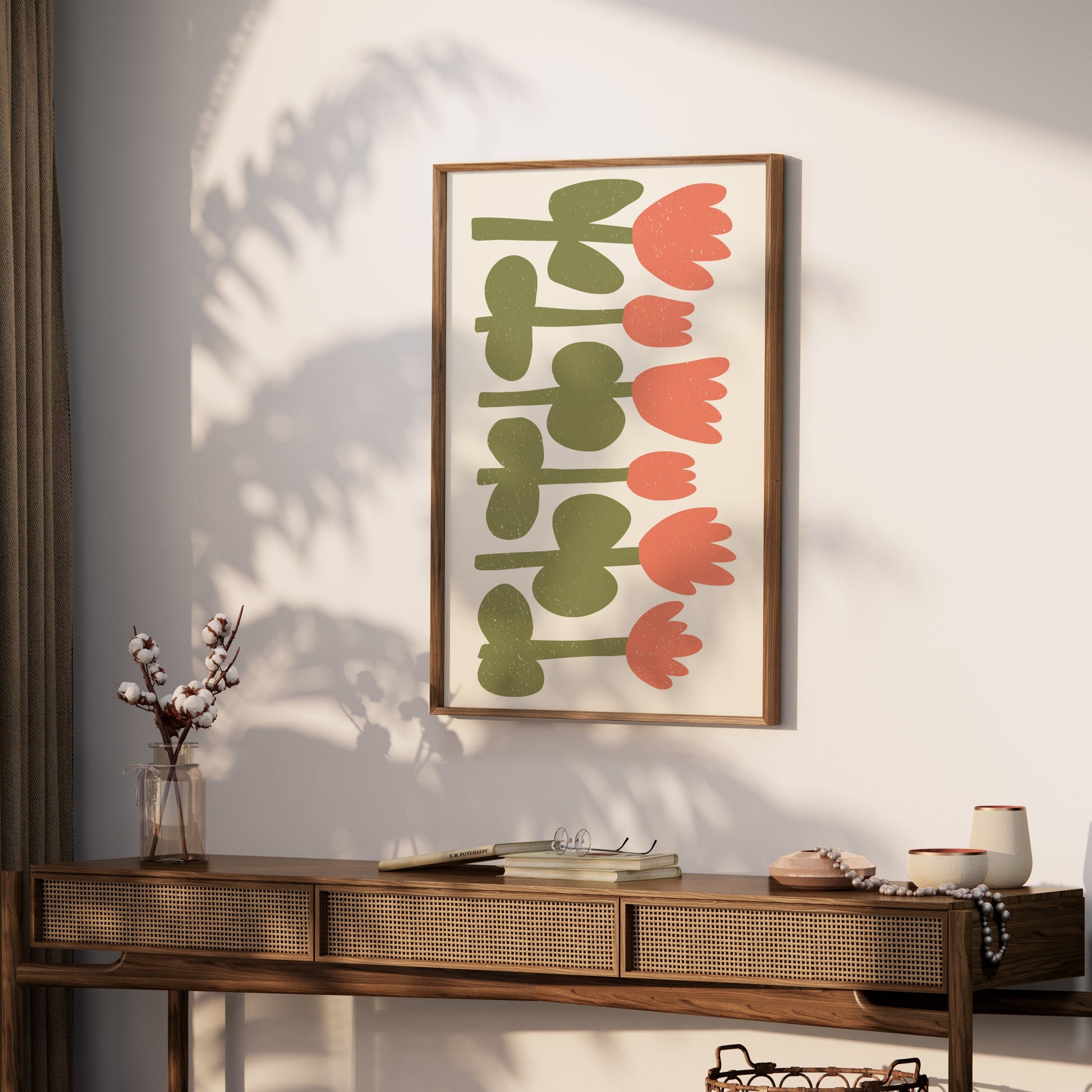 Premium Poster of Minimalist Pink and Green Floral Art for Home Posters