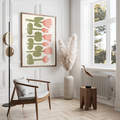 Premium Poster of Minimalist Pink and Green Floral Art for Home Posters
