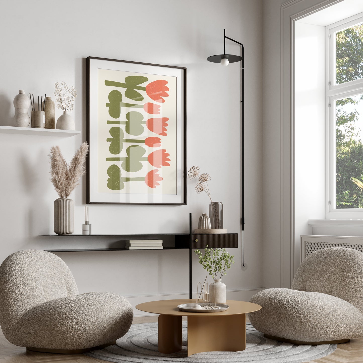 Premium Poster of Minimalist Pink and Green Floral Art for Home Posters