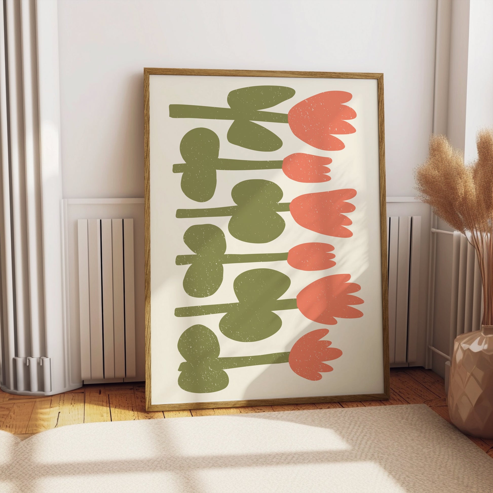 Premium Poster of Minimalist Pink and Green Floral Art for Home Posters