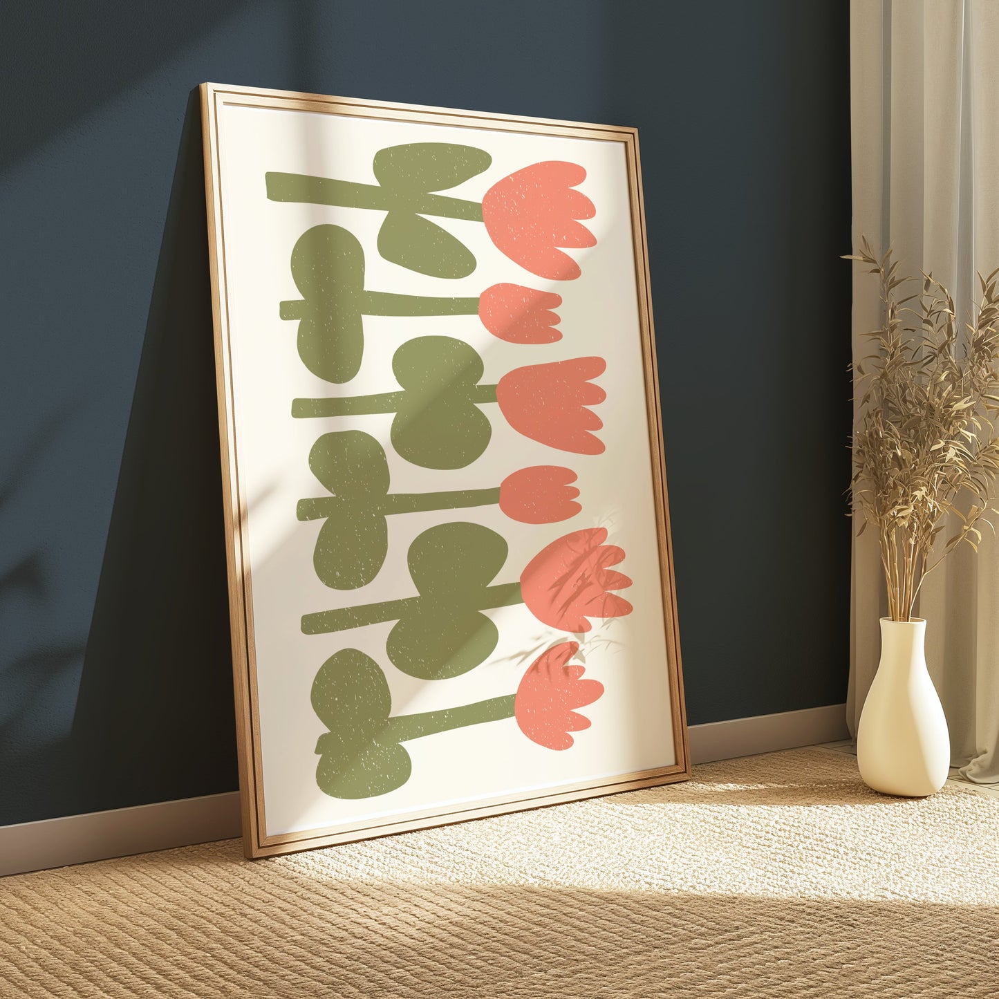 Premium Poster of Minimalist Pink and Green Floral Art for Home Posters